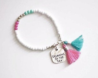 Beaded White Mint Pink Tassels Bracelet