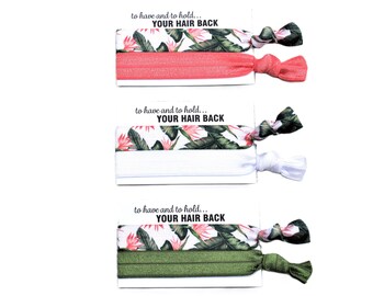 Tropical Green Leaves Bird of Paradise-Coral-White-Olive-Hair Ties