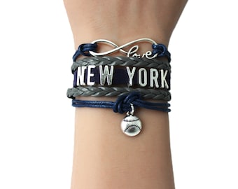 Baseball-Love NEW YORK-Love YANKEES-Baseball Navy Gray or White-Multilayered Cord Bracelet
