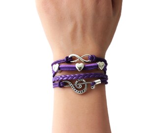 Infinity Hearts Treble Clef Purple Multilayered Cord Bracelet