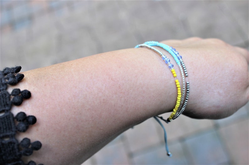 Beaded Orange White Gold Three Strands Bracelets-Beaded Blue Yellow Silver Three Strands Bracelet
