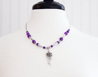 Purple Beaded Rose Necklace