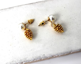 Pinecone Pearl Post Earrings-Silver Tone-Gold Tone