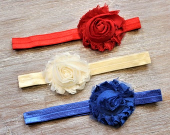 Red-Ivory-Blue- Chiffon Flower Headband-3 Months Baby to 3 Years Old Child