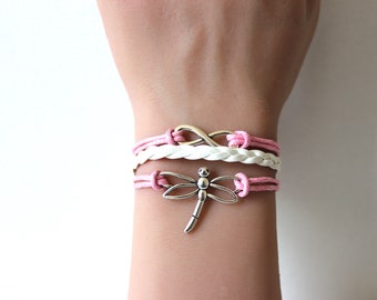 Dragonfly Infinity White Cord Bracelet-Navy Blue-Black-Pink-Teal