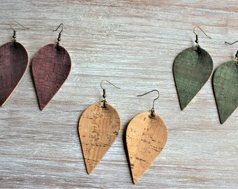 Cork Leaf Earrings-Burgundy-Natural-Dark Green