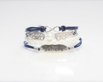 Infinity Wings Pearl Believe Navy Blue White Cord Bracelet
