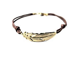 Gold Leaf Brown Cord Bracelet