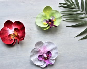 Orchid Tropical Silk Flower Hair Clip-Red Yellow-White Lilac-Lime Purple