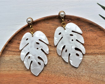 Tropical Leaf Pearl Acrylic Earrings