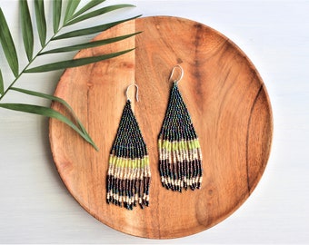 Multi Light Green Fringe Beaded Earrings