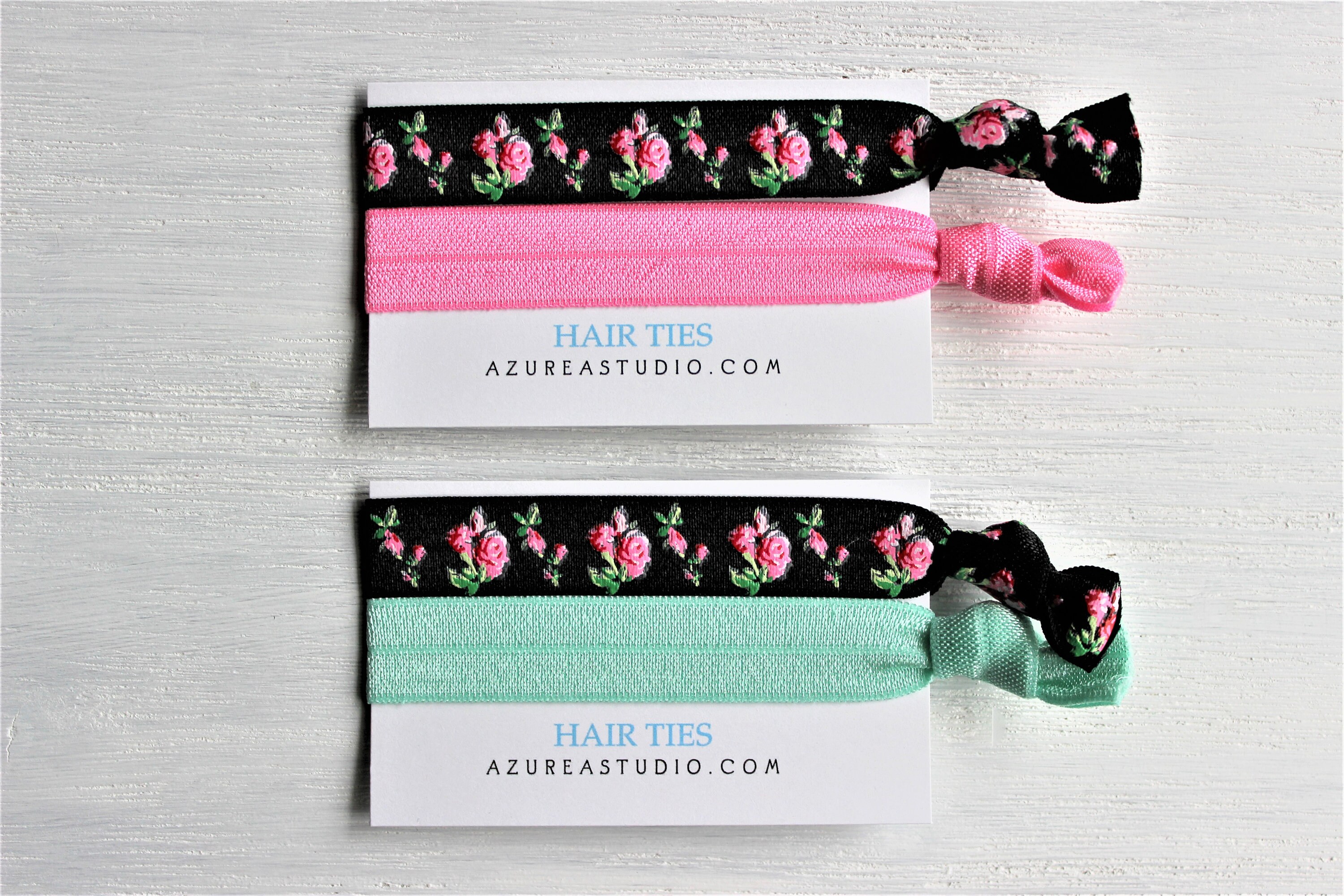 Pink Roses Black Floral Hair Ties-bubblegum Pink-mint Green 