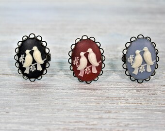 Love Birds Cameo Ring-Dark Navy Blue-Red-Light Blue