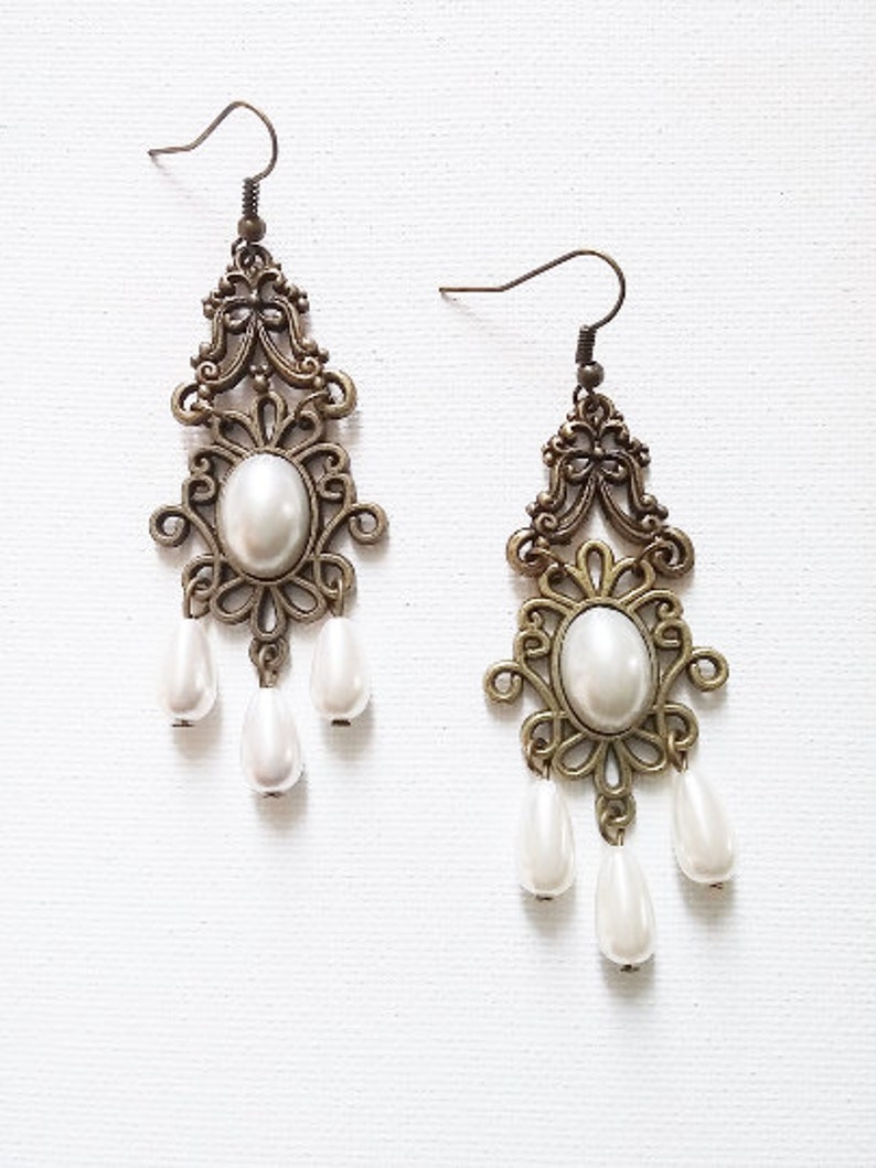 Pearl Antique Bronze Long Earrings Etsy