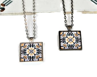 Portuguese Tile Yellow Blue White Glass Replica Necklace