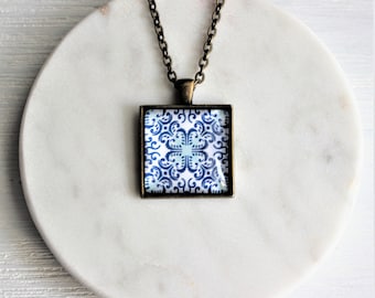 Portuguese Tile Blue Light Blue White Glass Replica Necklace