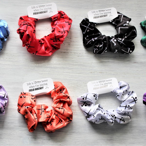 Field Hockey Small Scrunchies-Life is always better when I am playing FIELD HOCKEY-Lt Blue-Red Coral-Black-Green-Lilac-Orange P-White-Purple