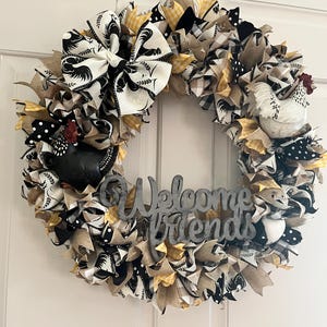 Burlap Ribbon Wreath: Welcome Friends Front Door Decor