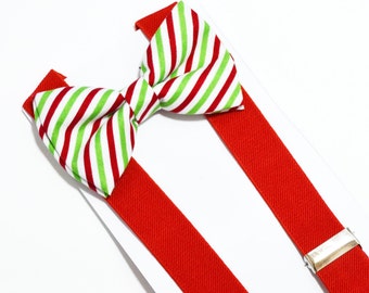 Christmas Bow tie Christmas Red and Green stripe Bow tie And Red Suspender Set