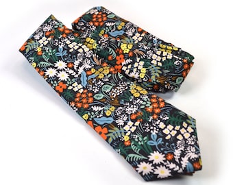 Orange and Brown Floral Tie, Fall Wedding Tie, English Garden Meadow Orange and Brown,Metallic, Men's Tie, Teen's Tie, Kid's Tie