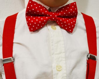 Red Suspender and Red polka dot Bowtie boys bow tie, infant bowtie,toddler bowtie,mens bowtie,adult bowtie,valentines day bowtie, red bowtie