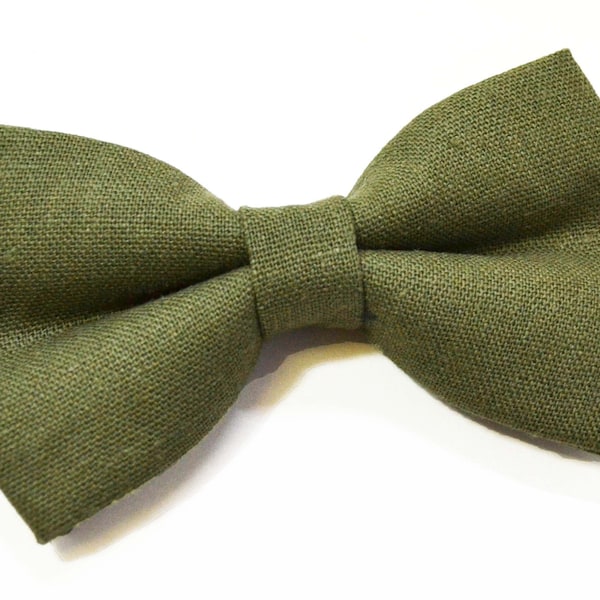 Olive Green Linen bow tie  For Men/Adult/Baby/Kids/Children/Blue/Gingham/wedding/outfit/pictureday/Hair Bow/Dog/Pet/Groomsmen/Father's Day