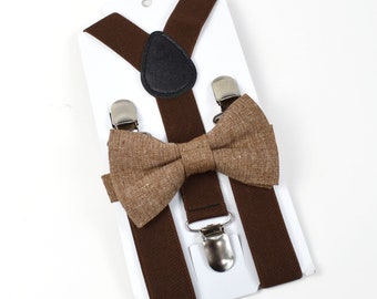 Brown Linen Bow tie And Brown Suspender For boys Men's suspender Wedding suspender boho bow tie BowTie for boys Toddler suspender Gifts