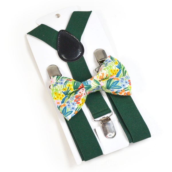 Flower Field Floral bow tie and Dark Green Suspender Set, boys bow tie, babys bow tie,adult bow tie, toddler suspenders boys suspenders