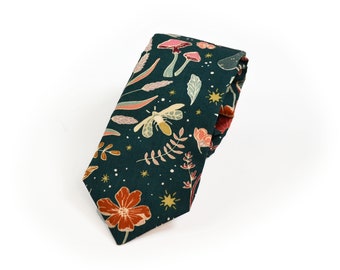 Wedding Tie Wildwood in Nightfall Floral Neck Tie Men's Tie Boys Tie Mushroom Boho Style Dark Green Tie