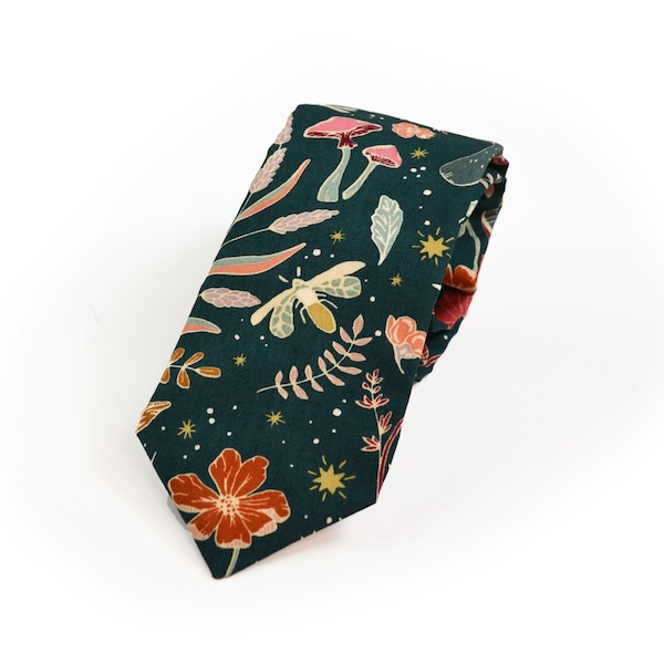 Wedding Tie Wildwood in Nightfall Floral Neck Tie Men's Tie Boys Tie Mushroom Boho Style Dark Green Tie