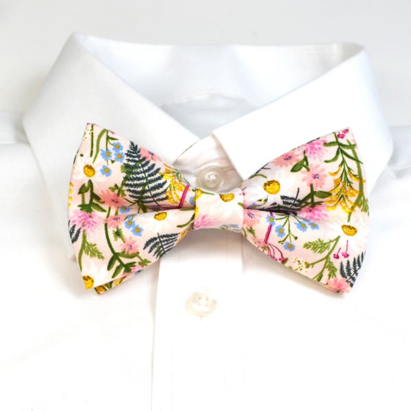 Pink Floral Bow tie/Boys Bowtie/Hunter Green and Pink WildFlower bow tie/Mens bowtie/Teens/Groomsmen/Babys/wedding tie/Floral tie/#51