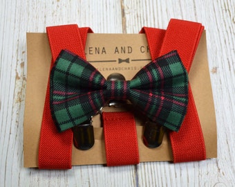 Christmas Hunter Green and Red Plaid Bow Tie and Dark Green Suspender ...