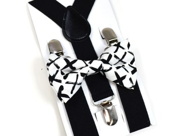 Black Bow Tie And Black Suspender Set, Black and White bowtie for boys Mens suspender Toddler suspender Groomsmen Ringbearer's suspender