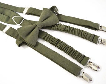 Dark Olive Green Linen bow tie and Suspender Set, linen bow tie, olive green bow tie, olive green suspender for Kids, Adult, Children, Men