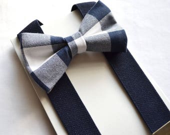 Large Navy Gingham Bow tie And Navy Suspender Set, baby bow tie,toddler bow tie,boys bow tie,adult bow tie,navy bow tie,groomsmen bow tie