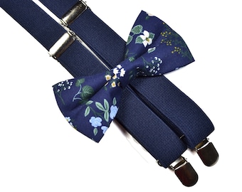 Strawberry fields Navy Floral bow tie and Navy Suspender Set/Navy/Kid's bow tie /boys bow tie/Men's bowtie/Wedding Outfit