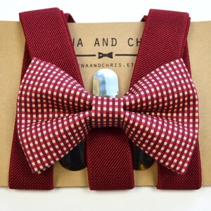Burgundy check bow tie and Deep Red suspender set