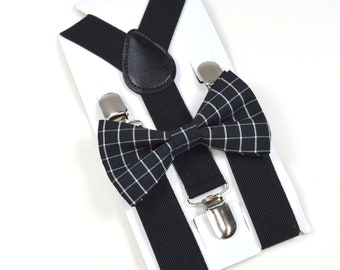 Black Bow Tie And Black Suspender Set, Black Check bowtie for boys Mens suspender Toddler suspender Groomsmen Ringbearer's suspender