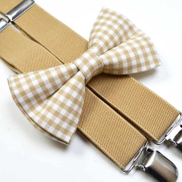 Beige gingham Bow Tie and Tan Suspender Set !! for toddler/ boy/ baby/Teen/Adult/Men