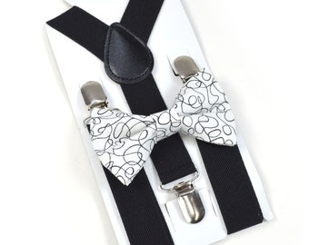 Black Bow Tie And Black Suspender Set, white and black  bowtie for boys Mens suspender Toddler suspender Groomsmen Ringbearer's suspender