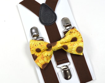 Sunflower Bow tie And Brown Suspender For boys Men's suspender Wedding suspender boho bow tie BowTie for boys Toddler suspender Gifts