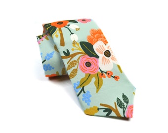 Amalfi Lively Floral Mint Tie For Men and Boy, Wedding Groomsmen and Ring bearer's Tie, Wedding Floral Tie, Gift for Him