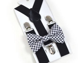 Black Bow Tie And Black Suspender Set, Black Check bowtie for boys Mens suspender Toddler suspender Groomsmen Ringbearer's suspender