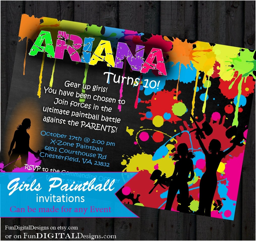 Girls Birthday Paintball Party Invitation Birthday Party ...