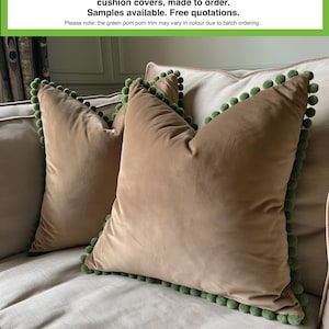 Caramel brown VELVET cushion cover. Green pom pom trim. Luxury cushion, throw pillow, living room cushion, bed pillow, sofa cushion, chair
