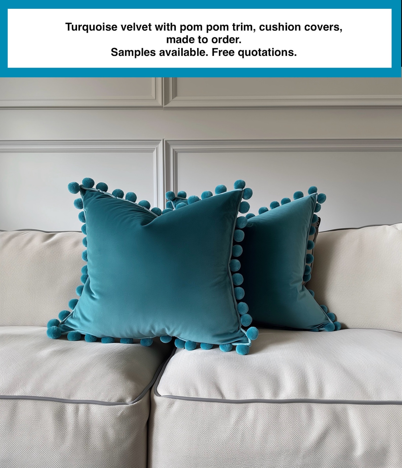 Caramel Brown VELVET Cushion Cover. Green Pom Pom Trim. Luxury Cushion