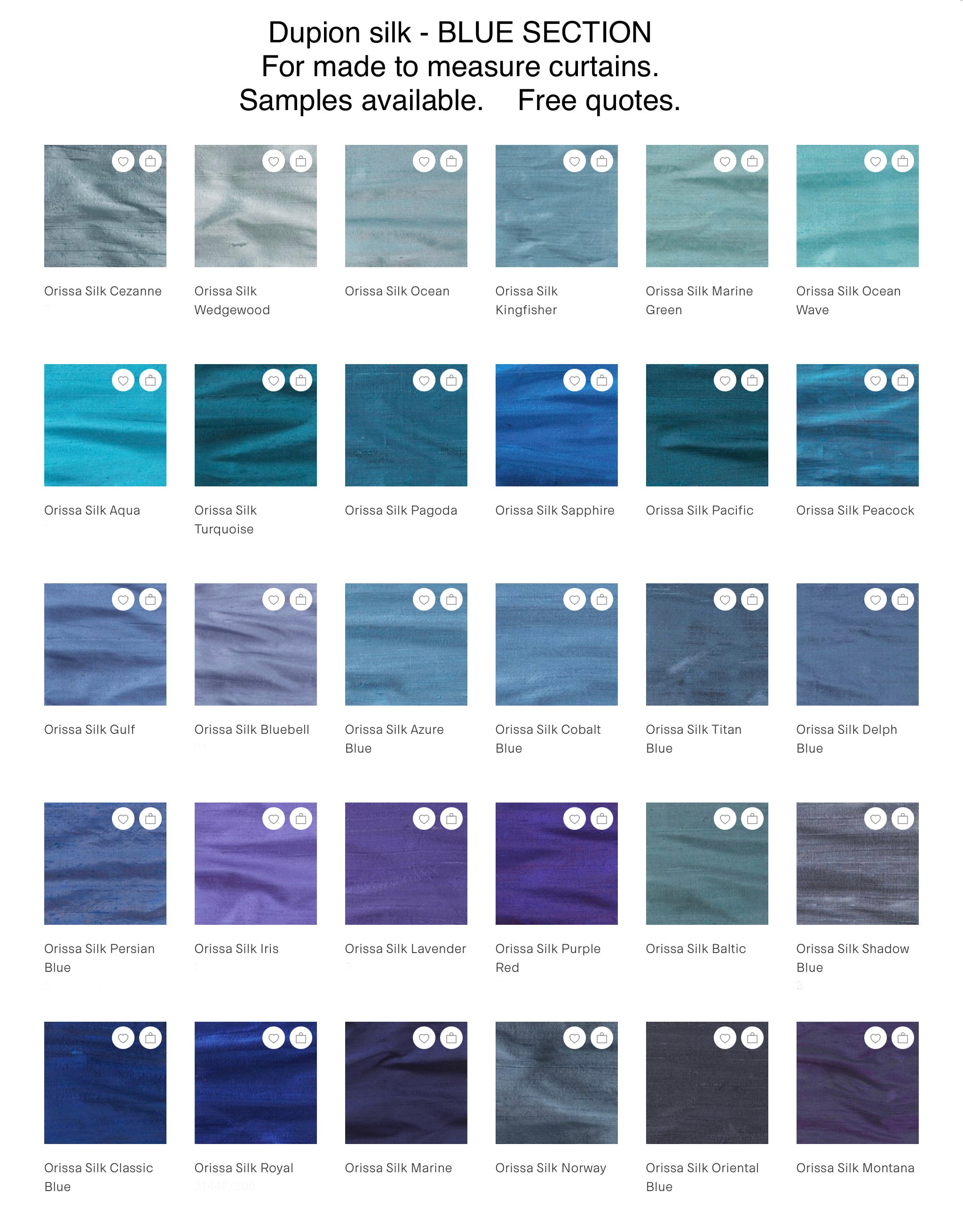 Made to Measure Silk Window Curtains, FABRIC SAMPLE. Pastel Blue