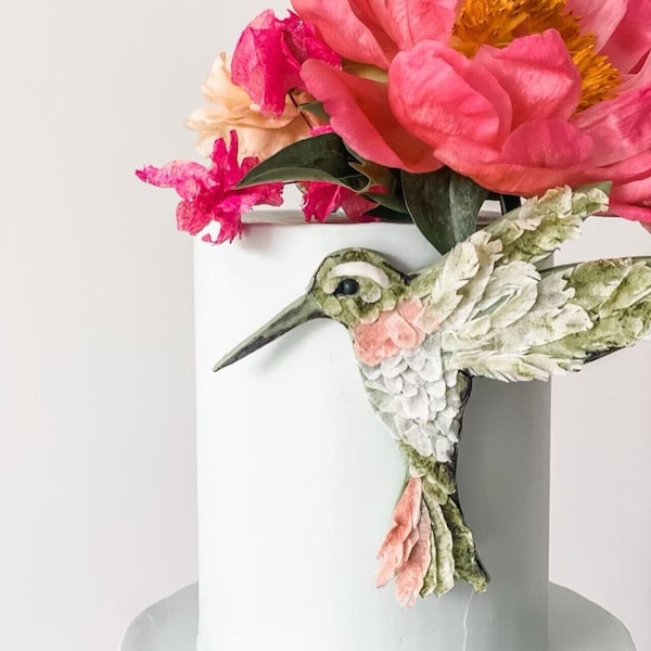 Fondant and painted wafer paper edible hummingbird 2D cake decoration for bridal showers, birthday cakes or wedding cakes