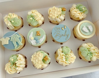 Jadalne, neutralne płciowo, zielono-żółte, fondantowe ozdoby na babeczki na baby shower