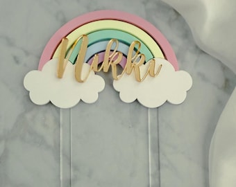 Pastelowa akrylowa tęczowa ozdoba na tort z personalizowanym złotym imieniem, ozdoba na tort na baby shower, pierwsze urodziny, tęczowa dekoracja, niestandardowa nazwa